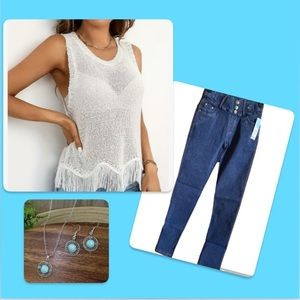 Crochet Top, Jvini Skinny Jeans and 3 Piece Silver Jewelry Set